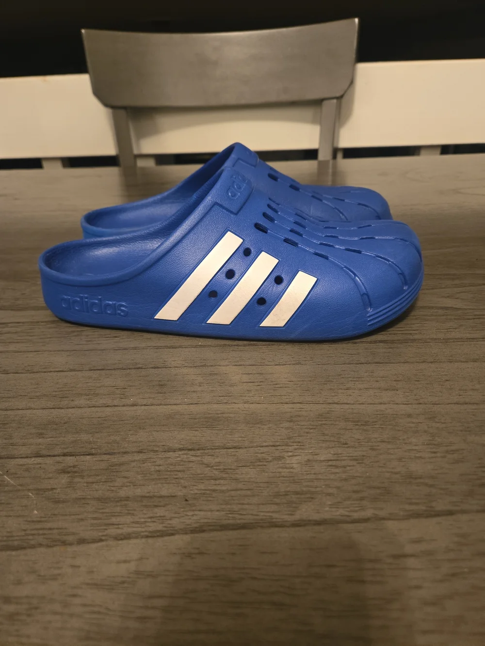 adidas Blue Slip-On Clogs with White Stripes